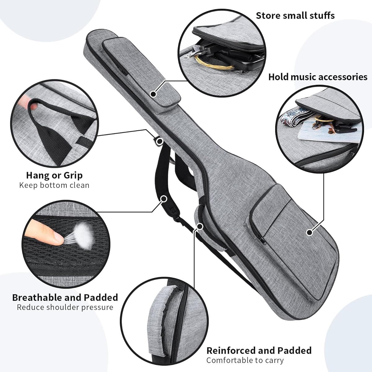 MUZTOP Bass Guitar Bag 7mm Padded Bass Guitar Gig Bag Padded Soft Electric Bass Guitar Case Backpack with Pocket Gray