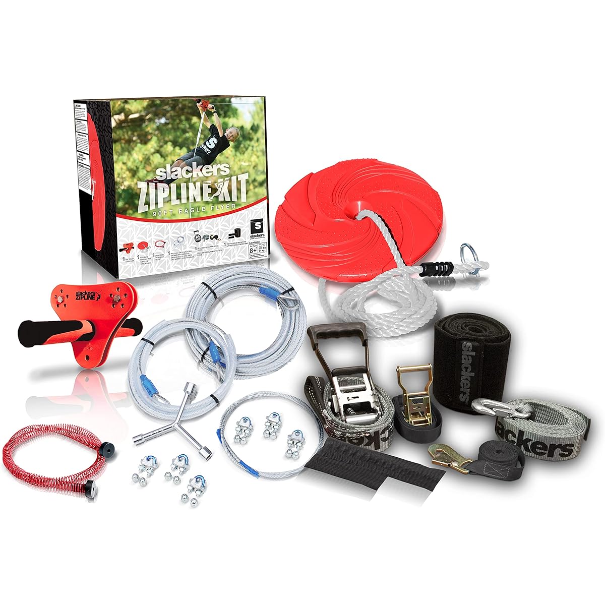 Slackers 90' Eagle Series Zipline Kit - Kids Zipline Kit with Safety Zip Spring Brake & Zip Quick Ratchet System for Quick Setup - Great Zipline Kit for Kids and Teens - Recommended for ages 8 and up