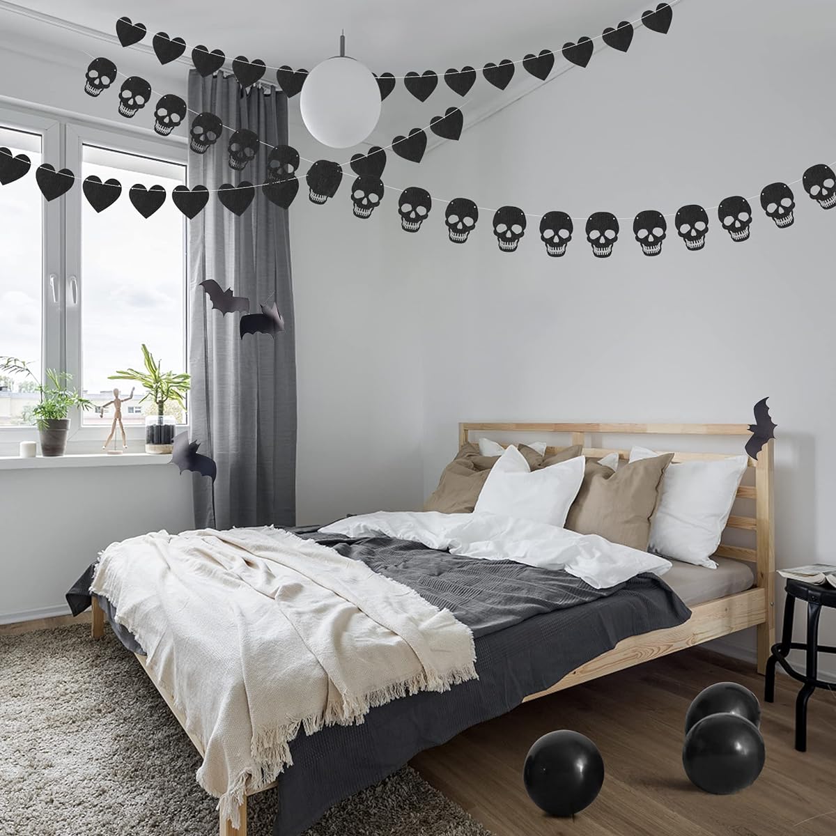 K1tpde Gothic Black Heart Skull Garland Banner Kit Black Felt Heart Garland Banner for Valentine's Day Black Felt Skull Garland Banner Gothic Birthday Party Decoration Halloween Home Decoration