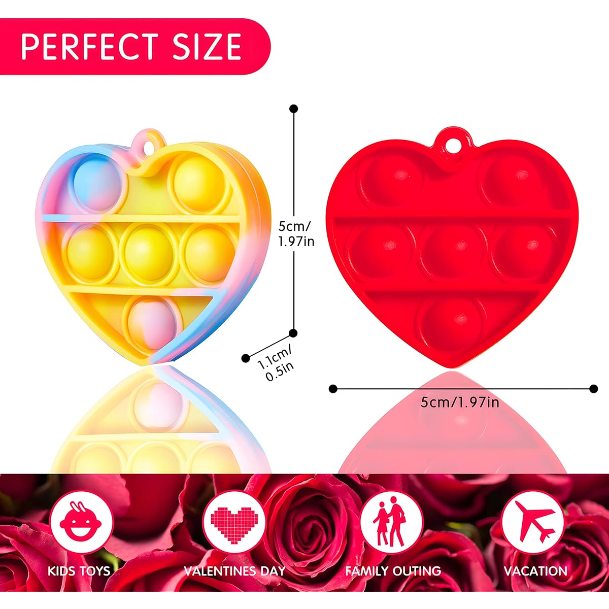 60pcs Heart Shape Pop Set Pop Fidget Toy Push Pop Bubble Fidget Sensory Toy Pop It Fingertip Keychain Decompression Bubbles Valentine's Day Gifts Toys for Kids Holiday Gifts