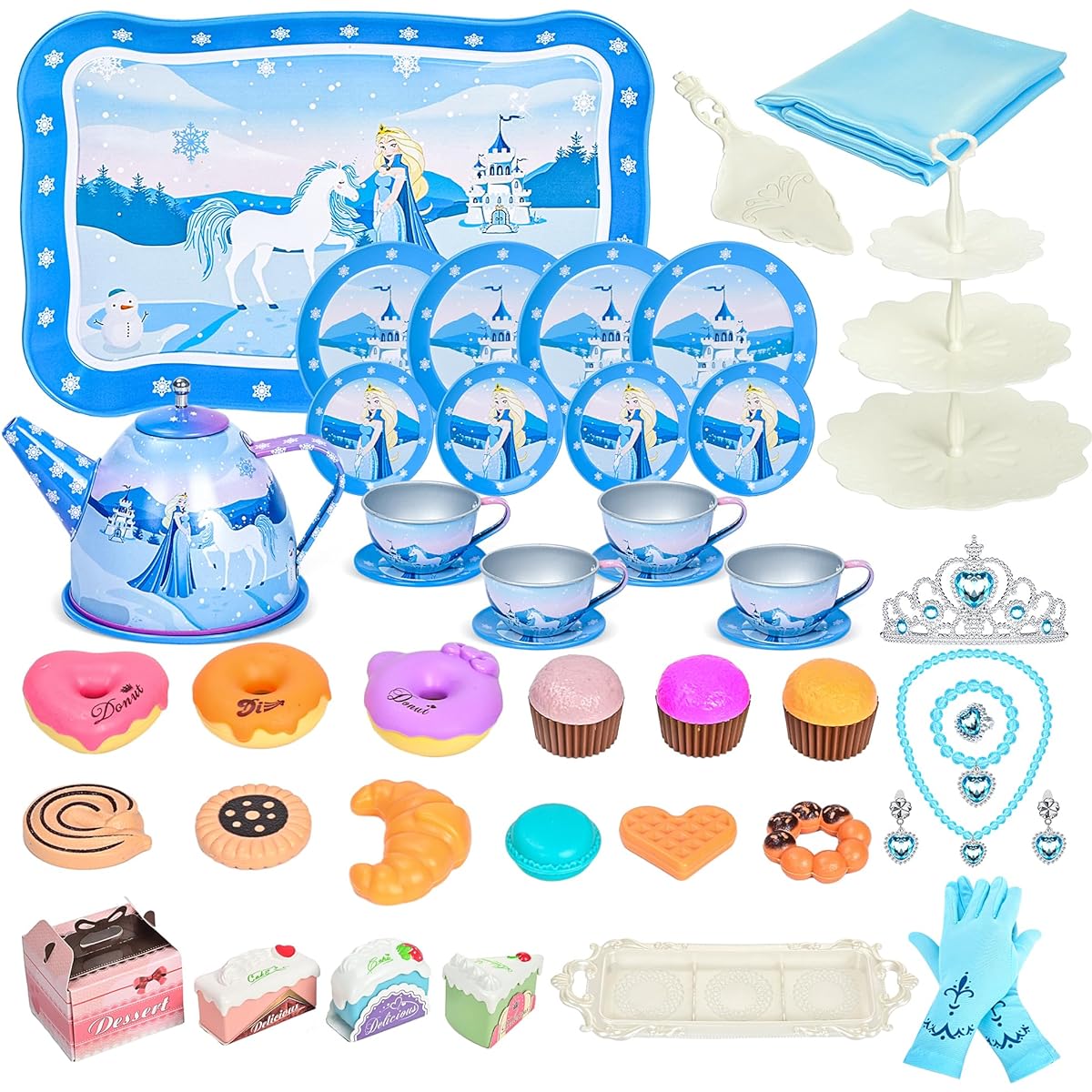 Tea Party Set for Little Girls - 51 Piece Tin Princess Unicorn Frozen Tea Time Toy & Luxury Food Playset & Princess Dress Up Accessories & Carry Case Kitchen Pretend Play Ages 3-10