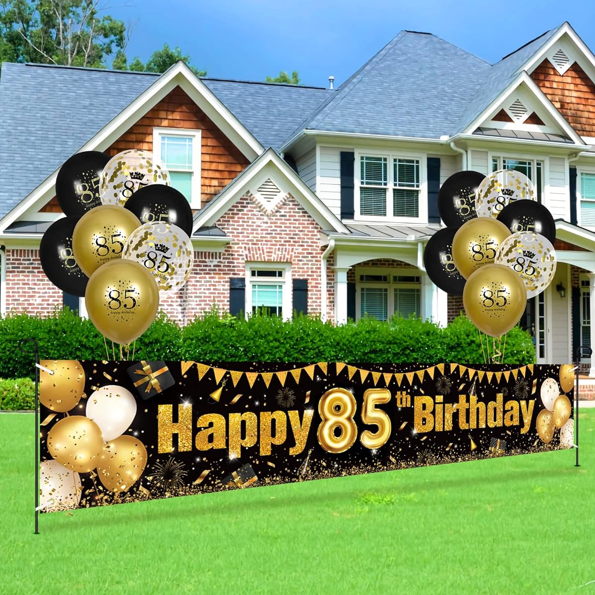 85th Birthday Decorations for Men and Women Black & Gold Black Gold Birthday Garden Banner Sign 18 Pieces 85th Anniversary Happy Birthday Balloons 85th Birthday Party Supplies Outdoor Garden Decorations