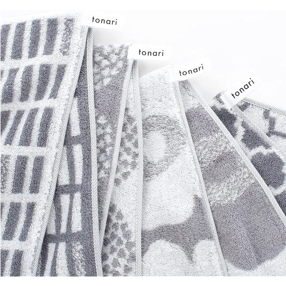 Heartwell Imabari Towel, Scandinavian Nordic Towel, Face Towel, Made in Japan, Scandinavian Pattern, Simple, with Loop, Set of 5 Towels with Loop, Bouquet, Floral Pattern, Gray Towel Set