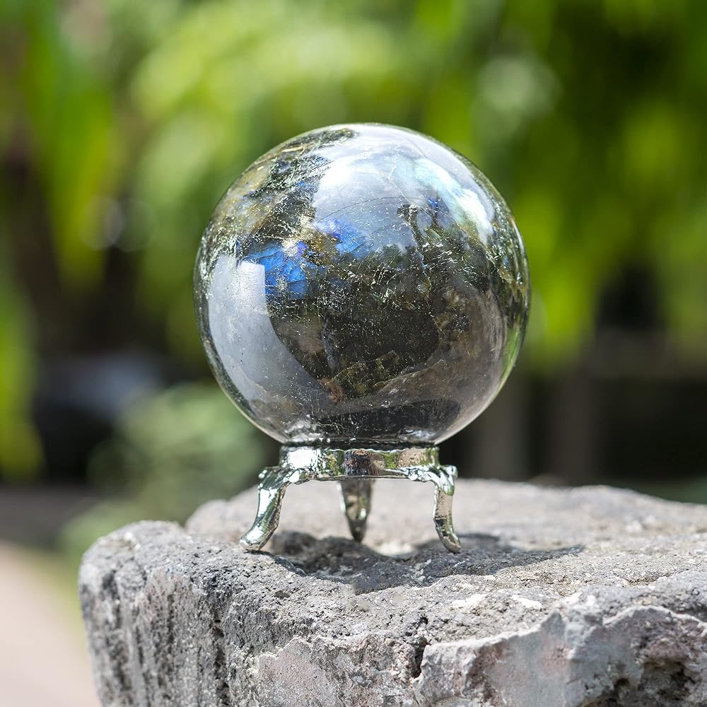 Crocon Labradorite Crystal Sphere and Metal Stand Gemstone Sphere Healing Ball Sculpture Feng Shui Fortune Telling Figurine Home Decor Size: 55-65 mm