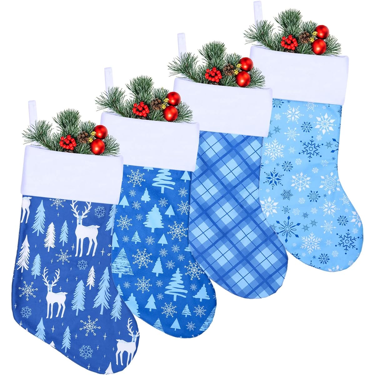 Whaline Christmas Stockings 18" Large Blue White Hanging Stockings Snowflake Plaid Christmas Tree Reindeer Print Flannel Stockings Christmas Holiday Fireplace Party Decor Supplies 4 Pack