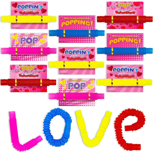 ArtCreativity Valentine's Day Card Pop Tube Gift Set, 36 Valentine's Day Cards, 36 Pop Tubes, Sensory Toy, 72 Twist Ties, Valentine's Day Gift Gift Bag Filler for Kids