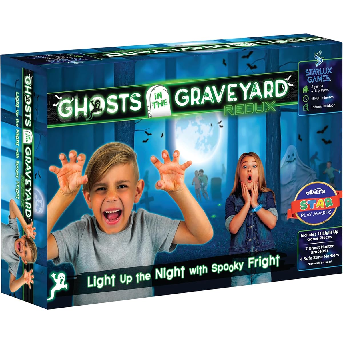 Ghosts in The Graveyard Redux: "One of the best spooky outdoor games for kids" | For ages 5 and up, for 4-8 players | Light-up game | Hide-and-seek style | Glow-in-the-dark game | For kids outdoor activities