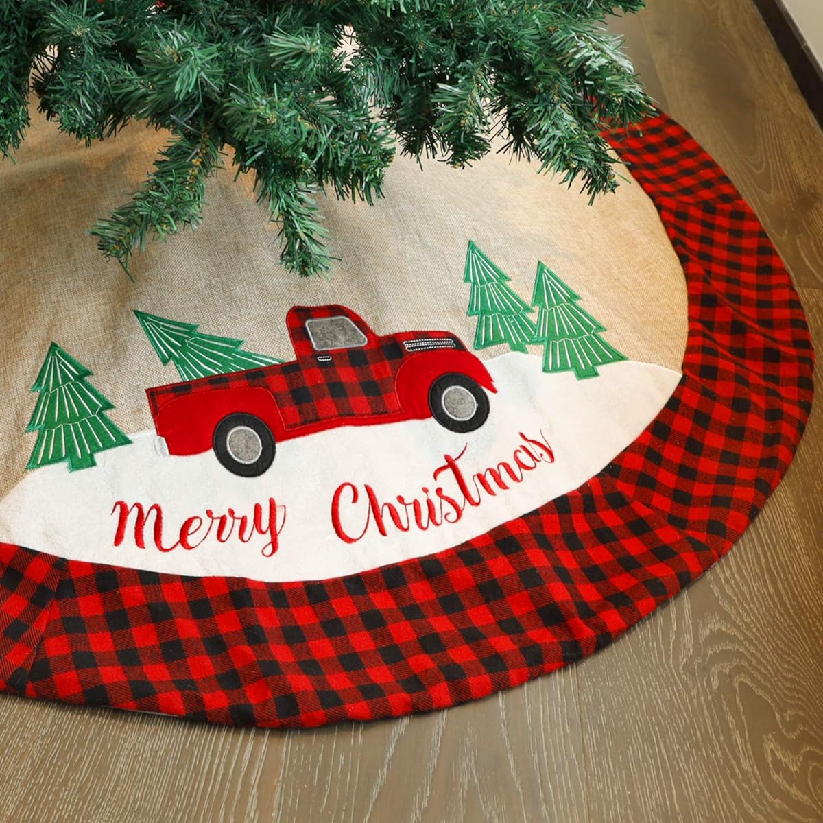 Juegoal Christmas Burlap Tree Skirt, 48 Inch Soft Christmas Tree Mat for Christmas Party Decorations, Christmas Trees, Holiday Decorations