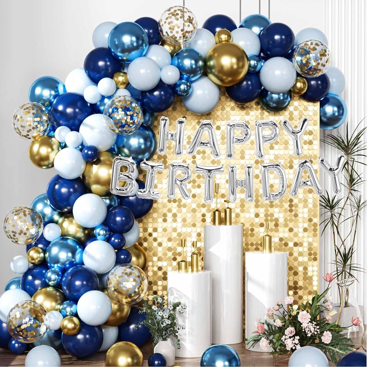 Navy Blue Birthday Confetti Balloons Kit Set Blue Happy Birthday Photo Background Banner Package for Boys Girls Men Women Birthday Party Decoration Supplies (Navy Blue & Silver)