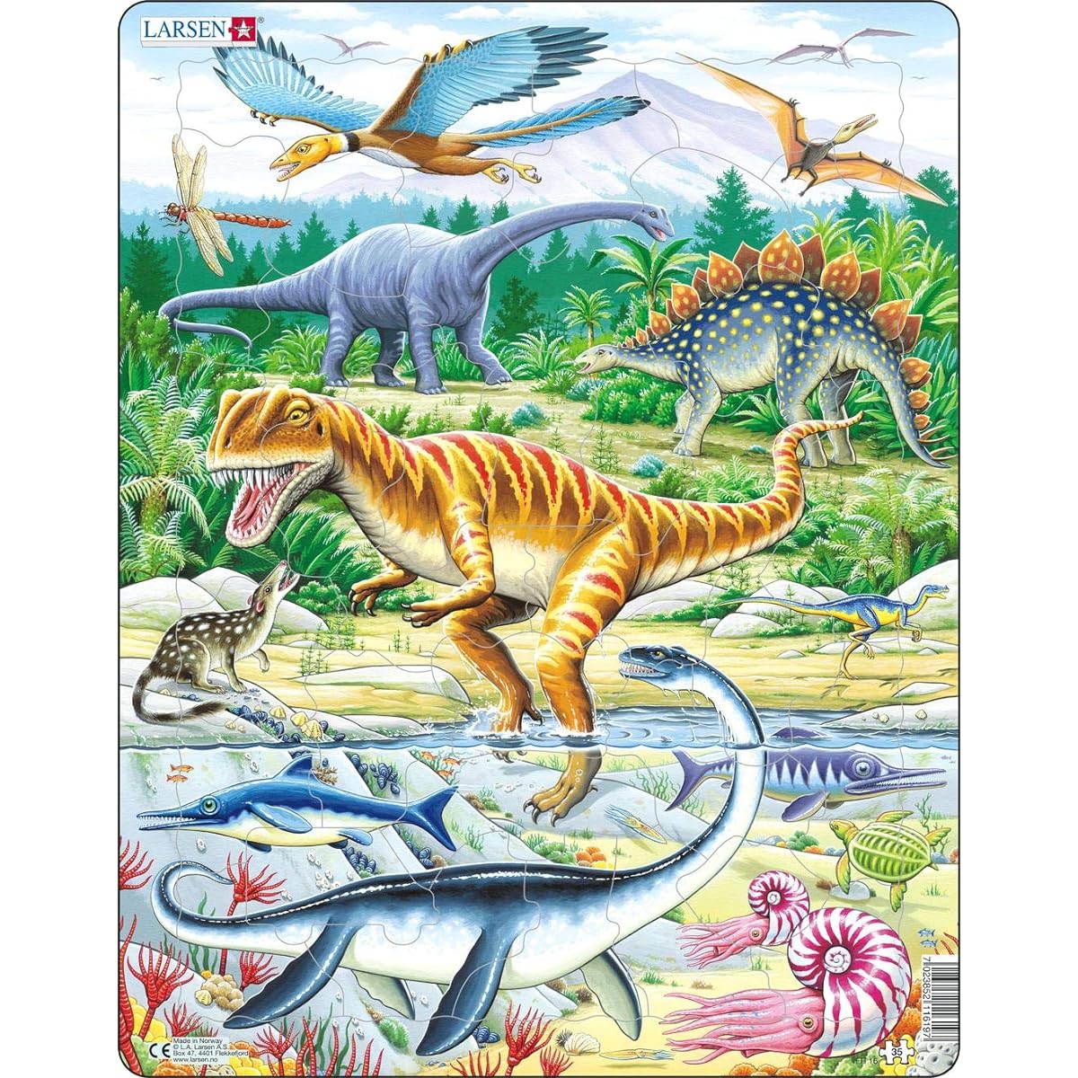 Larsen Puzzles Dinosaur Children's Educational Jigsaw Puzzle - 35 Piece Tray & Frame Style Puzzle - Exclusive Premium Hand Made Imported from Norway