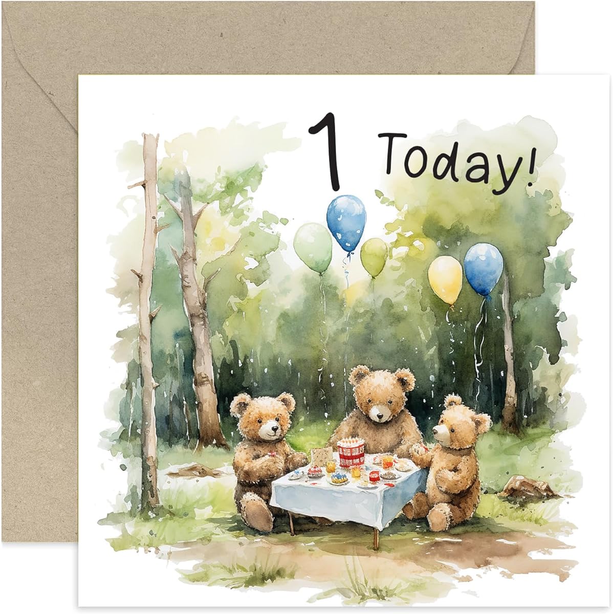 Old English Co. First Birthday Cards for Boys or Girls - Bear Picnic 1st Birthday Cards - Birthday Cards for Boys - Birthday Cards for Girls - Cute Age 1st Birthday Cards | Blank Inside envelope