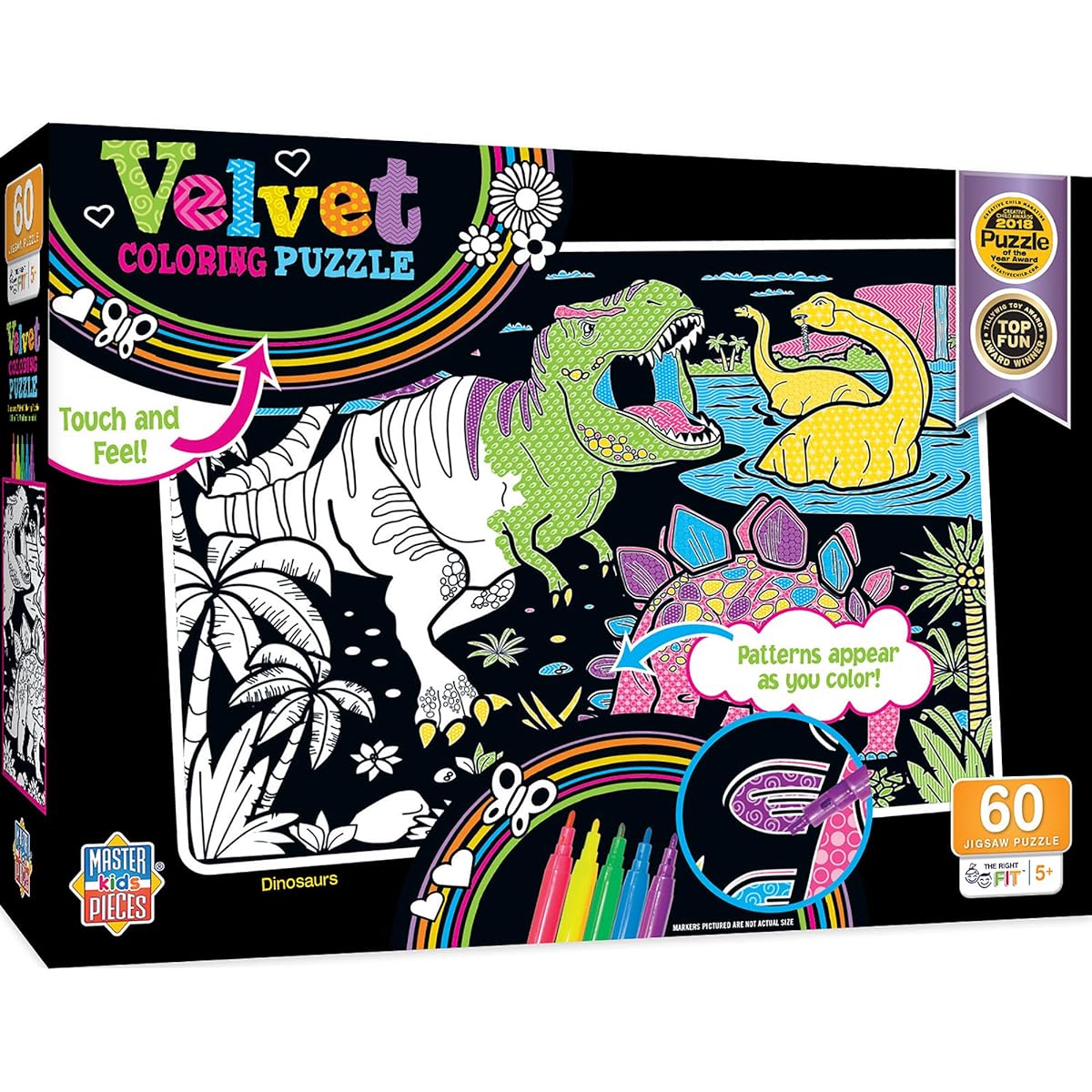 Masterpieces Puzzle Company Velvet Coloring-Dinosaurs 60 Piece Right Fit Puzzle, Multicolor, 14" x 19"