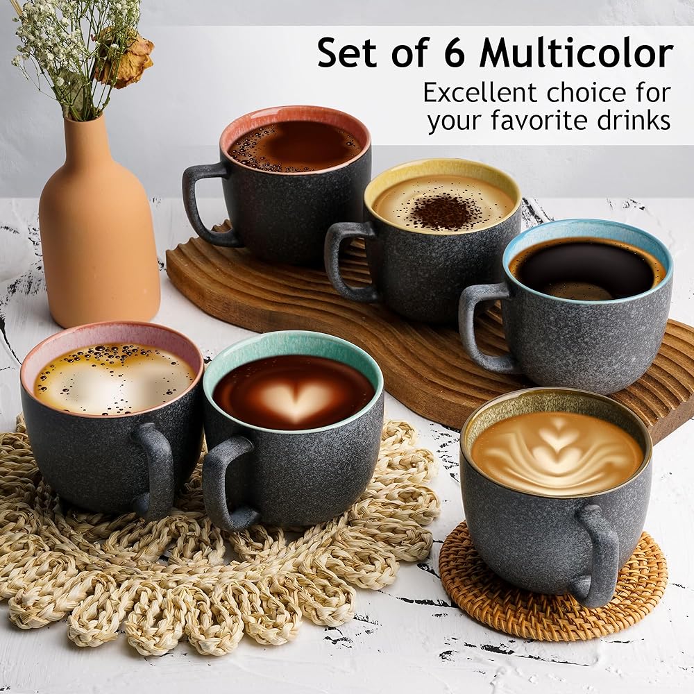 MIAMIO - 470ml Coffee Cup x 6/Mug Set/Coffee Cup Large/Modern Stoneware Coffee Mug Las Palmitas Collection Set of 6