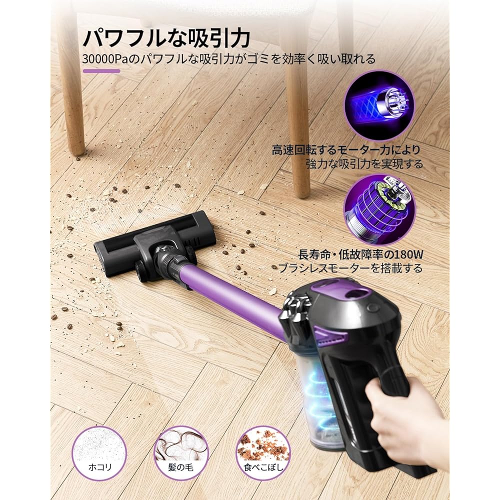 Cordless Vacuum Cleaner [2024 Advanced Edition 30000pa Super Strong Suction] Cordless Vacuum Cleaner Cyclone Stick Cleaner Car Vacuum Cleaner with Removable Battery LED Light Runs Continuously for 35 Minutes Handy Cleaner 2way Specification Japanese Inst