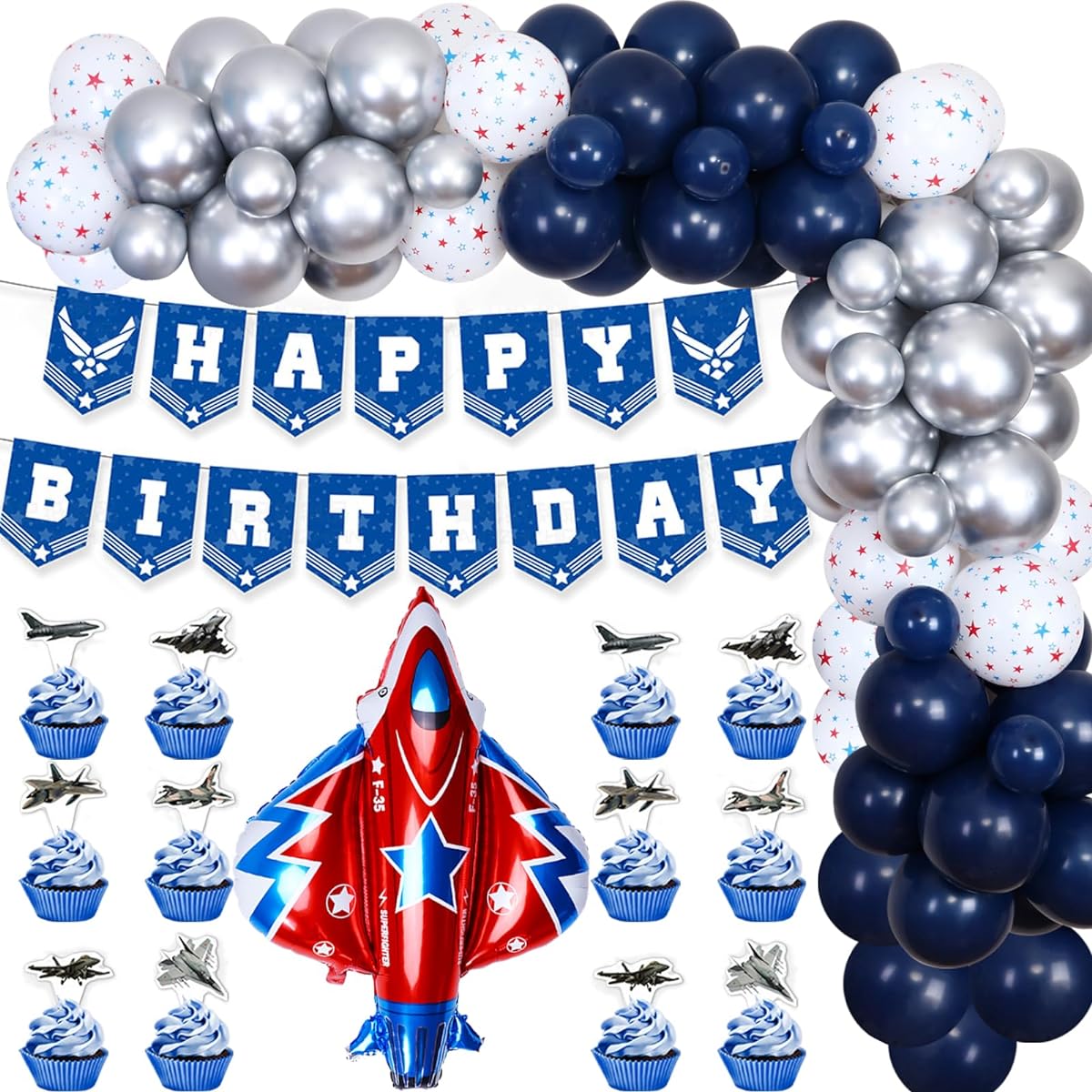 Air Force Decorations Fighter Jet Birthday Party Decorations Balloon Garland Airplane Happy Birthday Banner Cupcake Toppers for Military Jet Theme Aircraft Party
