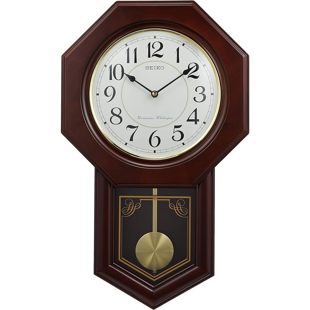 Seiko Clock Wall Clock Analog Time Selectable Chime & Strike Decorative Pendulum Octagonal Long Wooden Frame Dark Brown Wood RQ325B