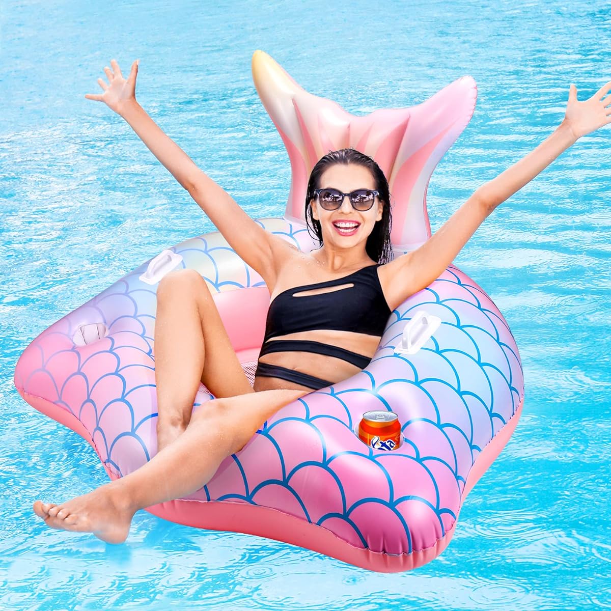 Inflatable Pool Float Mermaid Tail Pool Floating Chair with Cup Holder, Backrest, Mesh Bottom and Handles for Summer Water Play, Beach Party, Swimming Pool Toys for Kids Adults Water Activities
