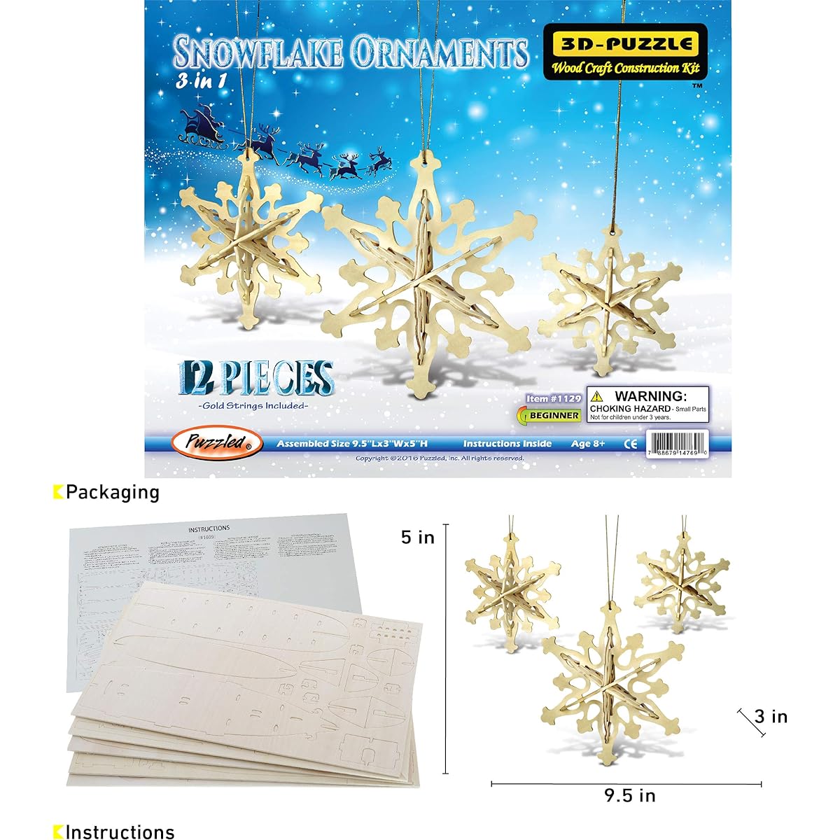 3-D Wooden Puzzle Construction Kit Puzzled Snowflake Ornaments - Christmas/Holiday Theme - Affordable Gift for Kids and Adults - Item #1129