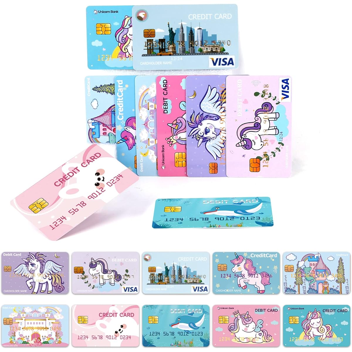 Fake Credit Cards for Kids, Play Credit Cards, Debit Credit Cards, 10 Fake Toy Cards for Girls and Boys