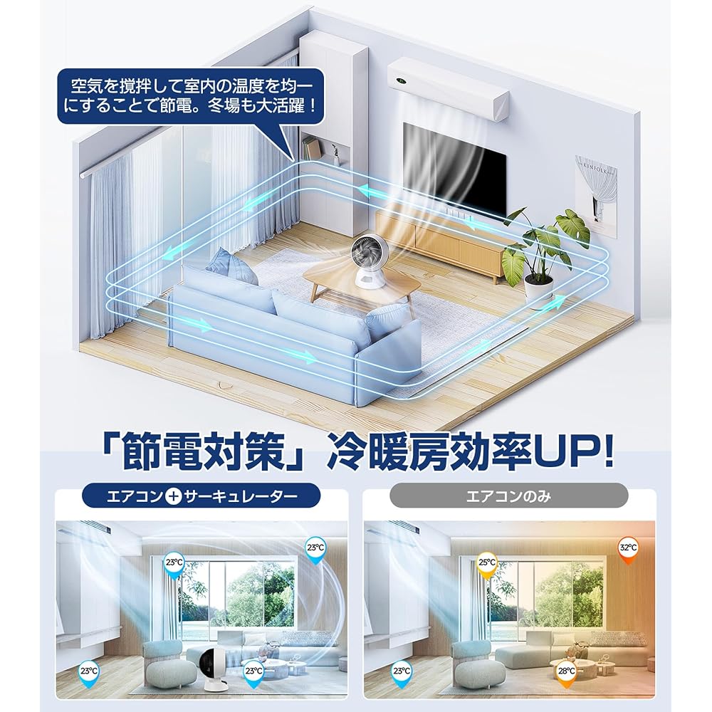 YONA Circulator for Power Saving, Silent, Up/Down, Left/Right, Oscillating, 30 Tatami Mats, DC Motor, Powerful Blowing, 3 Levels of Air Flow Adjustment, Remote Control, Timer Function, Automatic