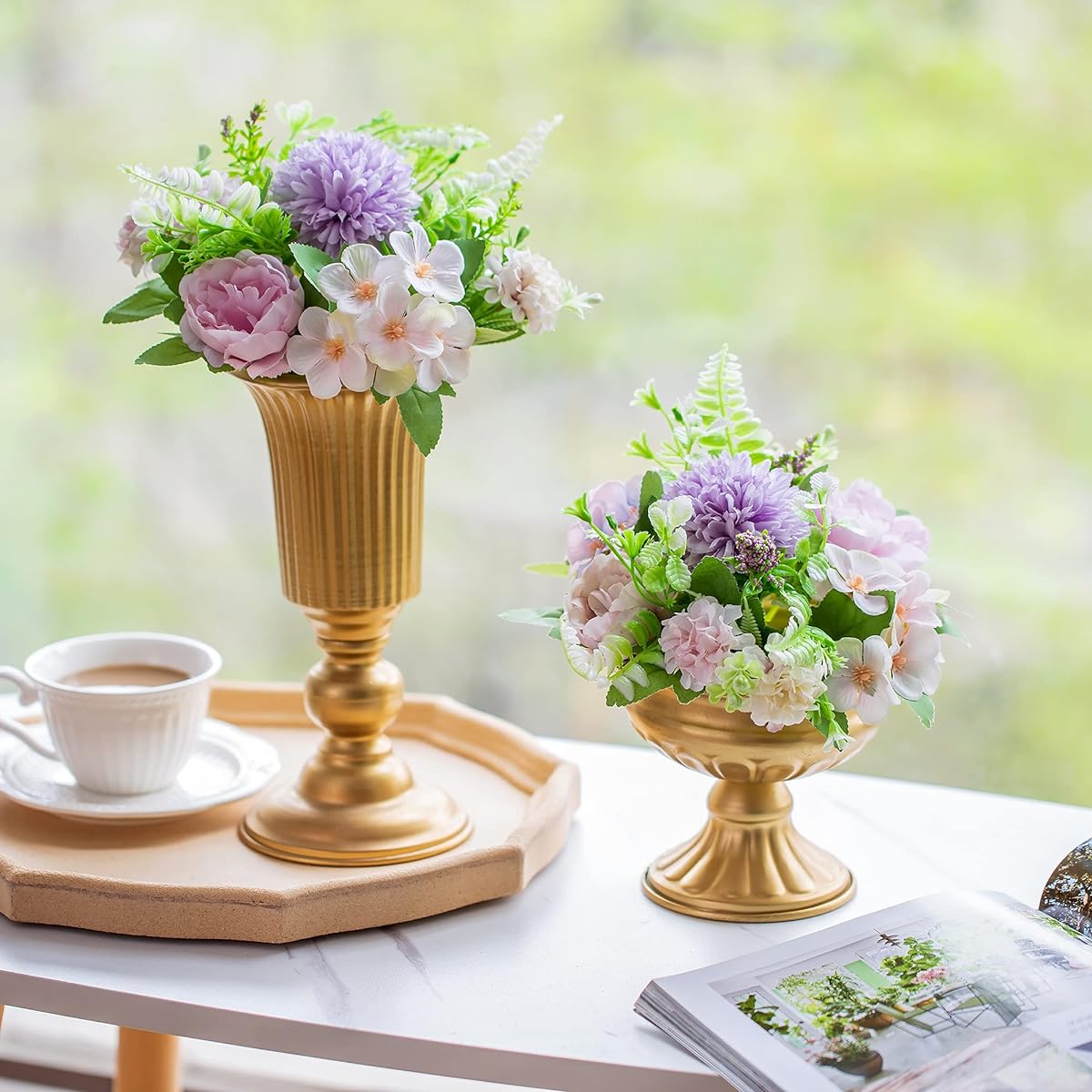 Nuptio 10pcs Artificial Flowers Floral Table Centerpiece Wedding Party Fake Flowers Plastic Base Fake Flower Bouquet Bridal Shower Living Room Decoration (Purple & White)
