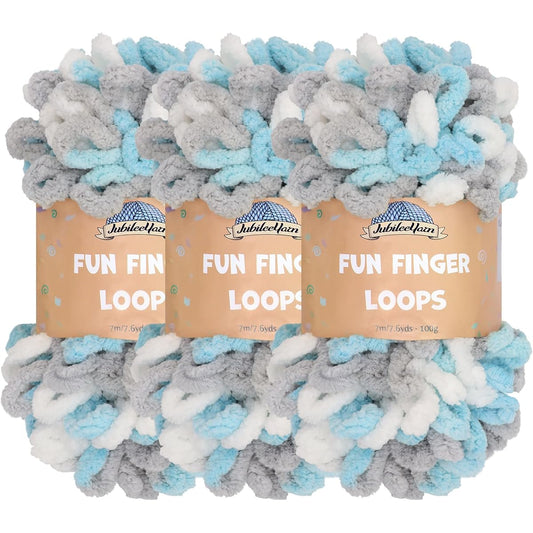 JubileeYarn Fun Finger Loop Yarn - Polyester Jumbo Weight Loop Yarn - 100g/Skein - Blue Gray White - 3 Skeins