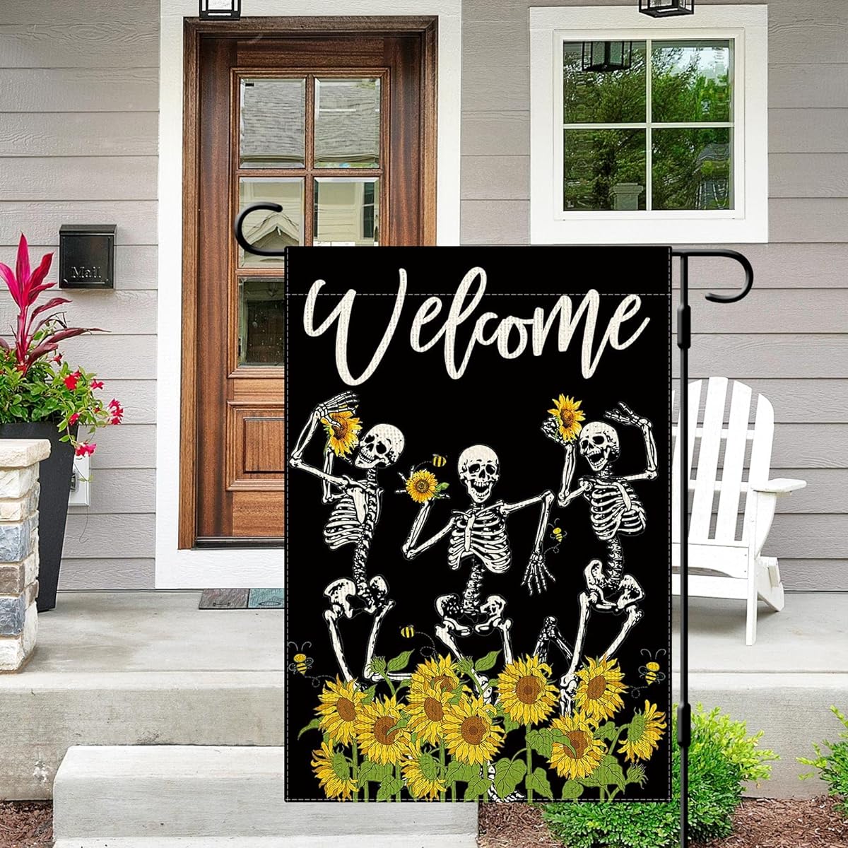 DLZDN Sunflower Skeleton Garden Flag, Funny Summer Garden Flag 12x18 Inch Vertical Double Sided Welcome Farmhouse Holiday Outdoor Decor Burlap Yard Flag