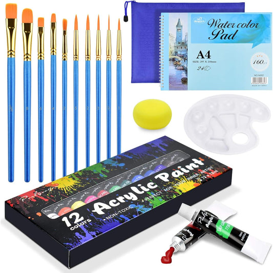 PACETAP Acrylic Paint Set, Watercolor Paint Set with 12 Artist Paint Brushes, 24 Sketch Pads, 2 Sponges, 1 Palette, 1 Storage Bag, Art Supplies Starter Kit for Kids/Adults/Beginners