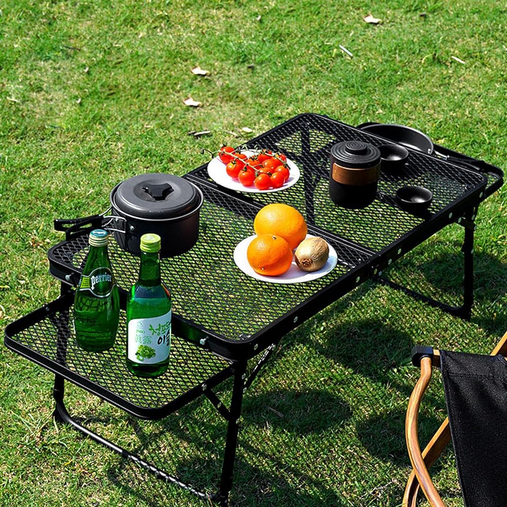 AIEPWON Camping Table with Side Table, Foldable Mesh Table, Bifold Table, Made of Aluminum, Lightweight, Heat Resistant, Load Capacity 45kg, Portable, Storage Bag Included, BBQ, Mountain Climbing, Barbecue Table, Black