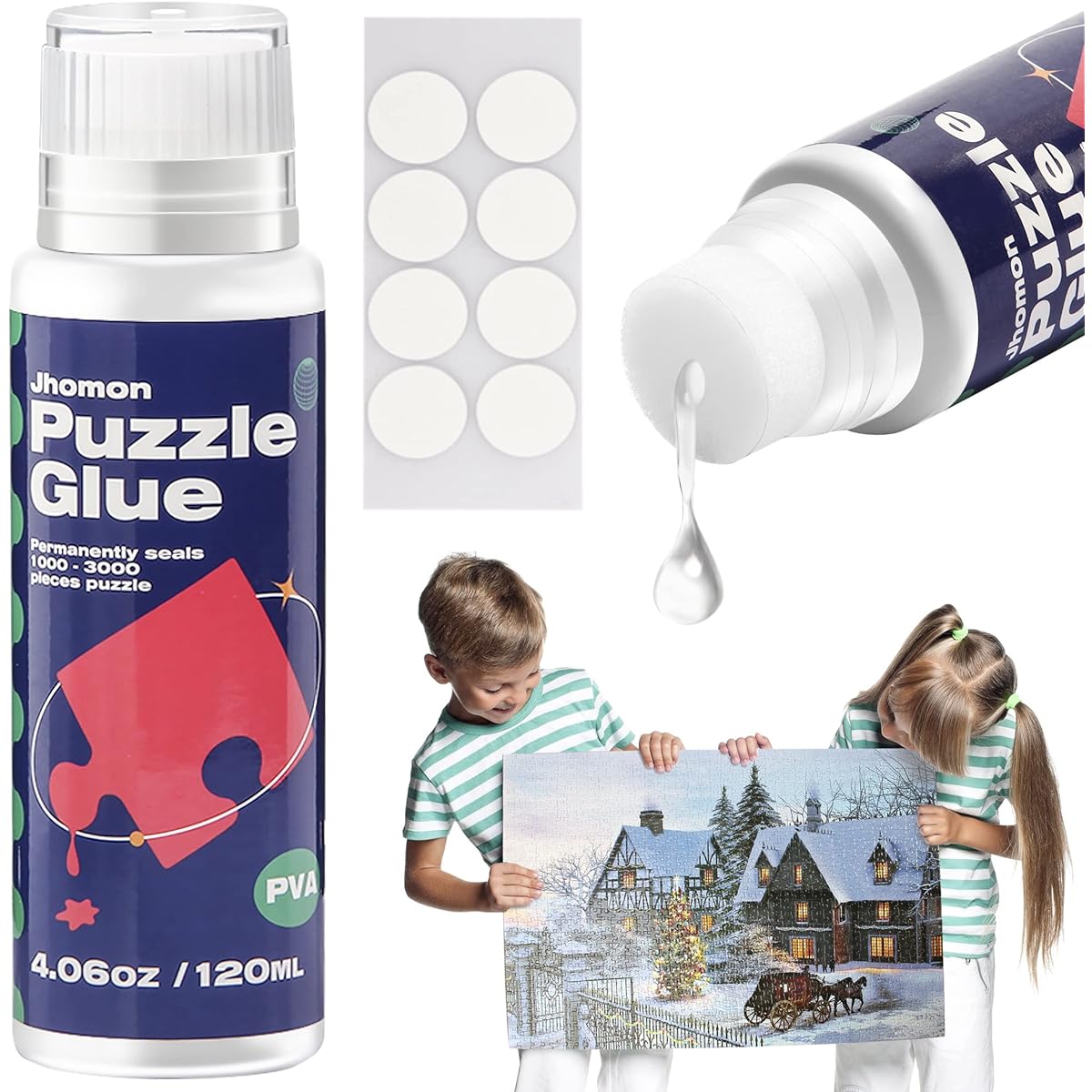 Puzzle Glue Clear with New Sponge Head, Replace Puzzle Saver Suitable for 1000/1500/3000 Pieces of Puzzle for Paper and Wood, Water-Soluble Special Craft Puzzle Glue Sheets, 120ML