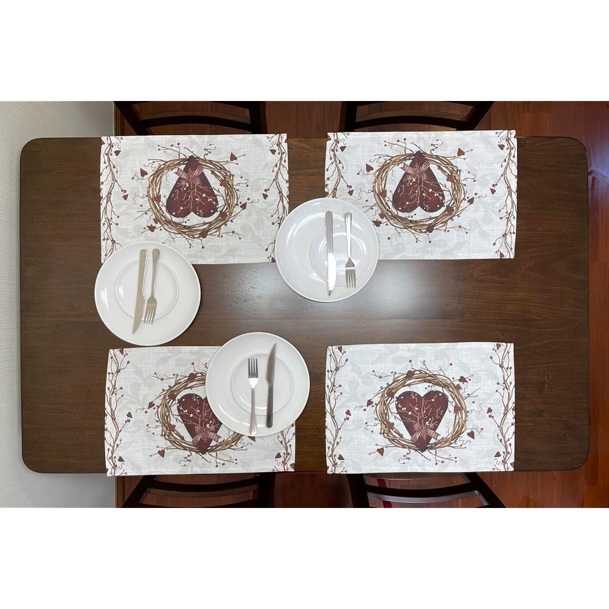Set of 4 Placemats Country Heart Rectangle 18 x 13 Inch Table Setting Decorations for Garden Farmhouse Wedding Party Holiday Dinner Home Decor Everyday Cotton Linen