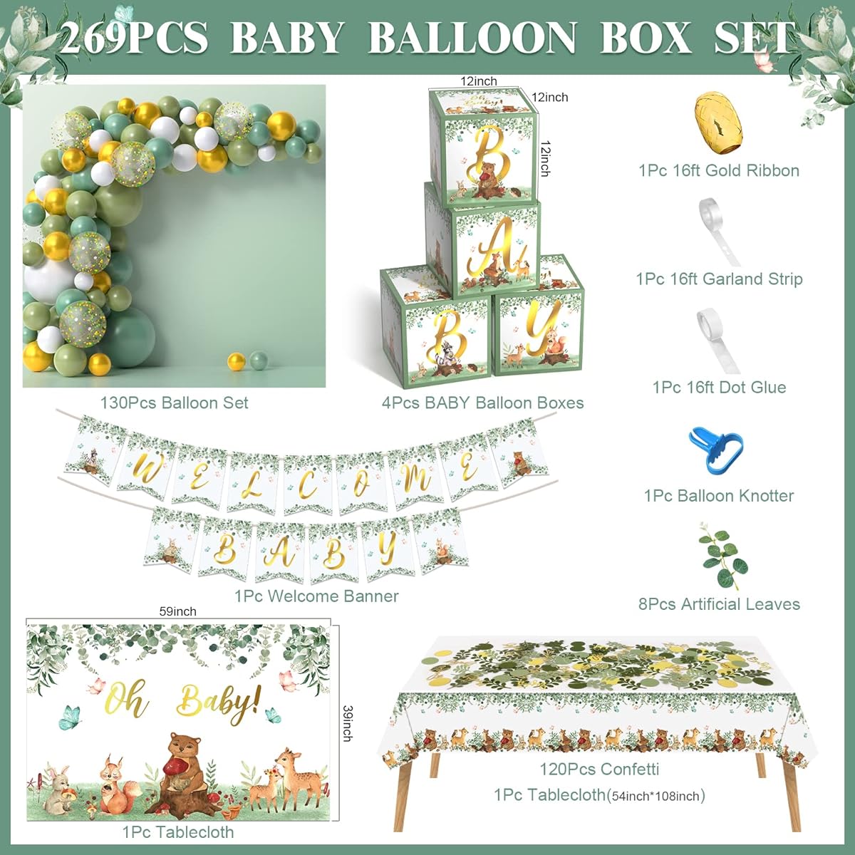 269pcs Baby Box Balloons Set Baby Shower Decorations Backdrop Tablecloth Banner Baby Shower Gender Reveal Birthday Party Supplies