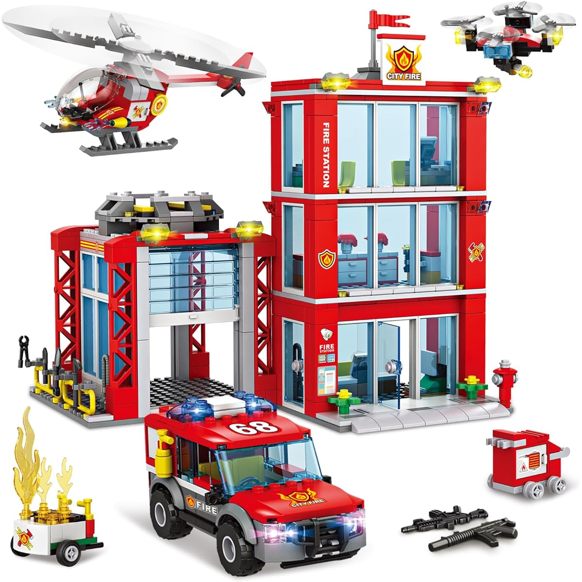 City Fire Station Building Blocks Set with Fire Engine, Fire Helicopter, Drone & Fire Truck Toy, Fire Brigade Center Playset, Firefighter Role Play Toy for Kids Boys Girls Ages 6+ (744 Pieces)