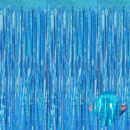 4 Pack 3.2ft x 8.2ft Lake Blue Foil Fringe Curtain Backdrop Metallic Tinsel Foil Fringe Streamer Curtain Background for Photo Booth Birthday Wedding Disco Bachelorette Christmas Party Decoration