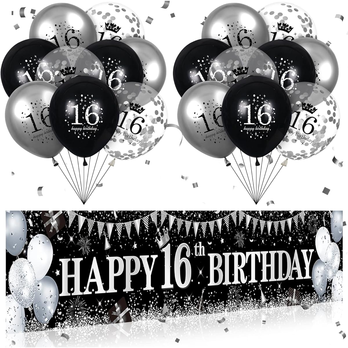 Black Silver Happy Birthday Decorations Black Silver Happy Birthday Banner Yard Sign Birthday Anniversary Party Supplies (16th Birthday Banner and Balloons)