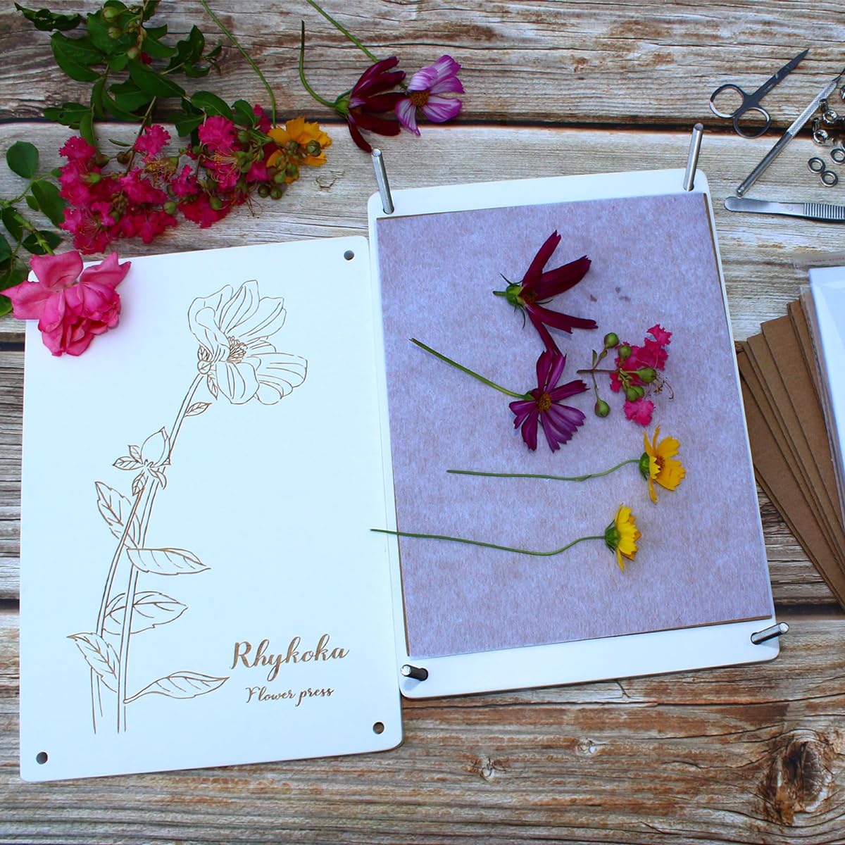 Rhykoka Large Wooden Flower Press Kit 10 Layers 8.3 x 11.8 Inches Natural Solid Wood Flowers Leaves Plants Press Kit for Adults Unique Pattern Design (White)