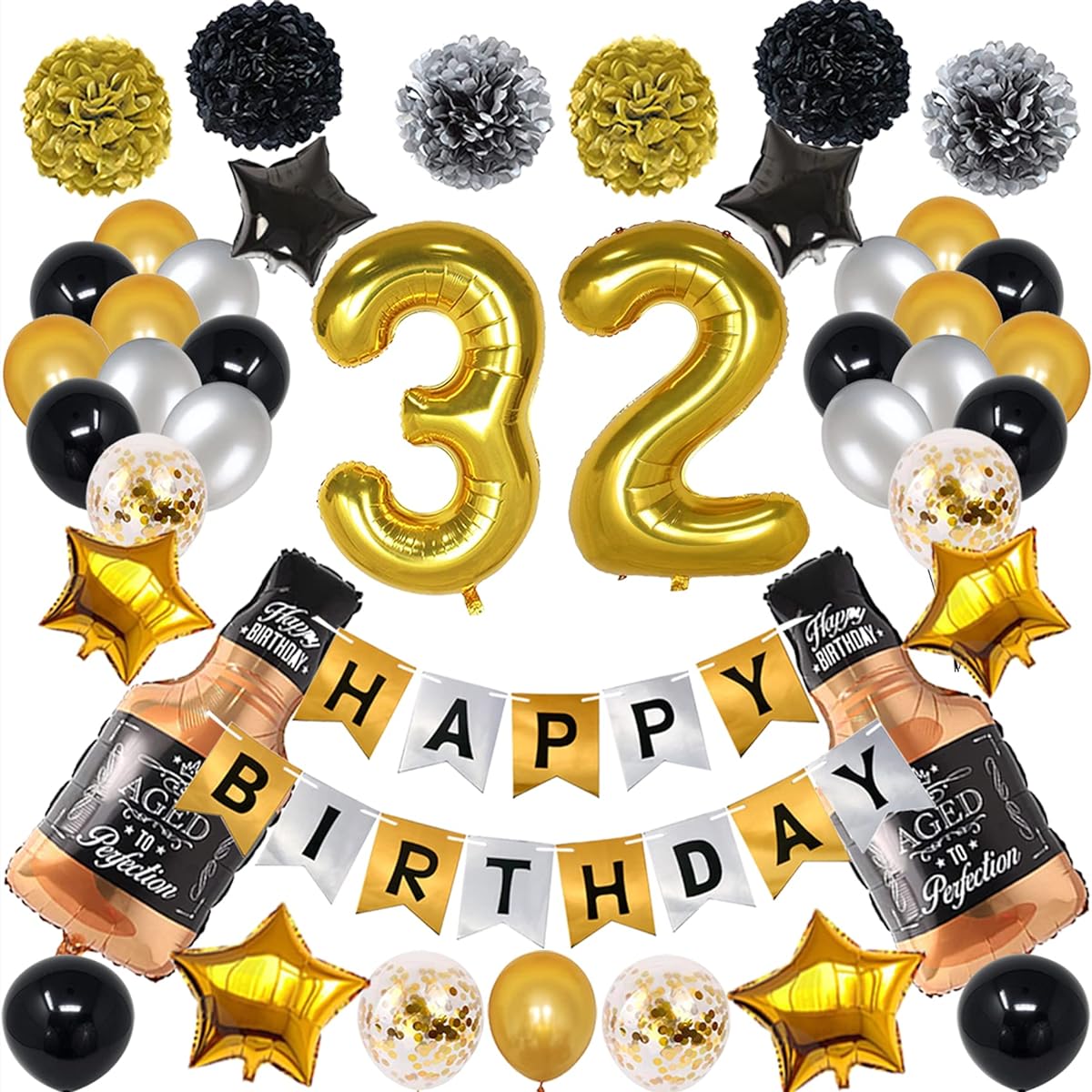 NANINUNENO 32nd Gold Birthday Decorations Gold Black Silver Happy Birthday Balloons Supplies for Boys Girls Women 32 Birthday Party Set 32 Gold Number Balloons Happy Birthday Banner Whiskey Bottle Balloons