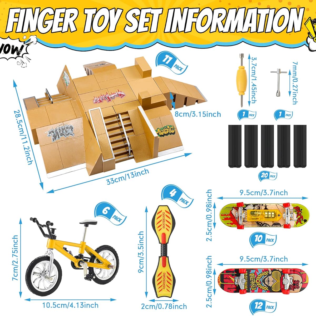 HyDren 62 Pieces Skate Park Kit Fingerboard Skatepark Finger Skateboard Deck Ramp Set with Mini Fingerboards LED Toys Bike Caster Board Accessories for Training Gift