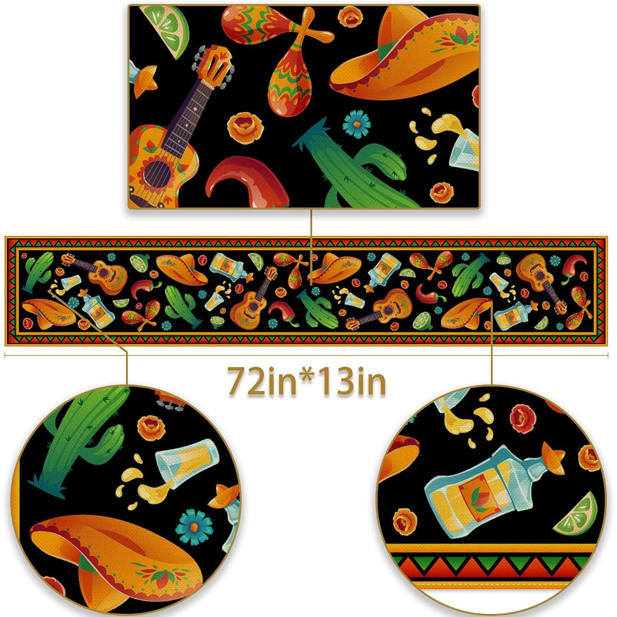 Pudodo Cinco de Mayo Table Runner Cactus Sombrero Guitar Mexican Fiesta Theme Holiday Party Kitchen Dining Home Decoration