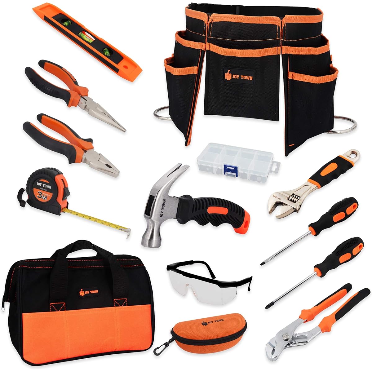 JoyTown Real Tool Set for Kids - Junior Steel Forging Tool Kit with Real Hand Tools, Kids Tool Belt, Portable Tool Bag, Best Learning Tools for Home DIY (Orange & Black)