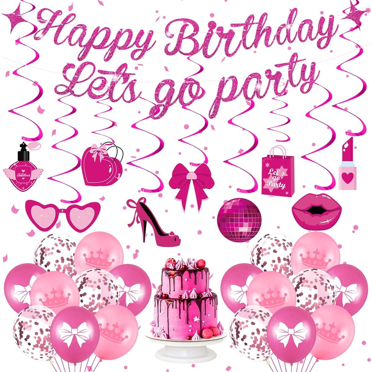 Pink Birthday Party Decorations Hot Pink Happy Birthday Banner Let's Go Party Banner Decorations Pink Latex Balloons Hanging Swirls Girls Women Princess Birthday Baby Shower Bachelorette Party