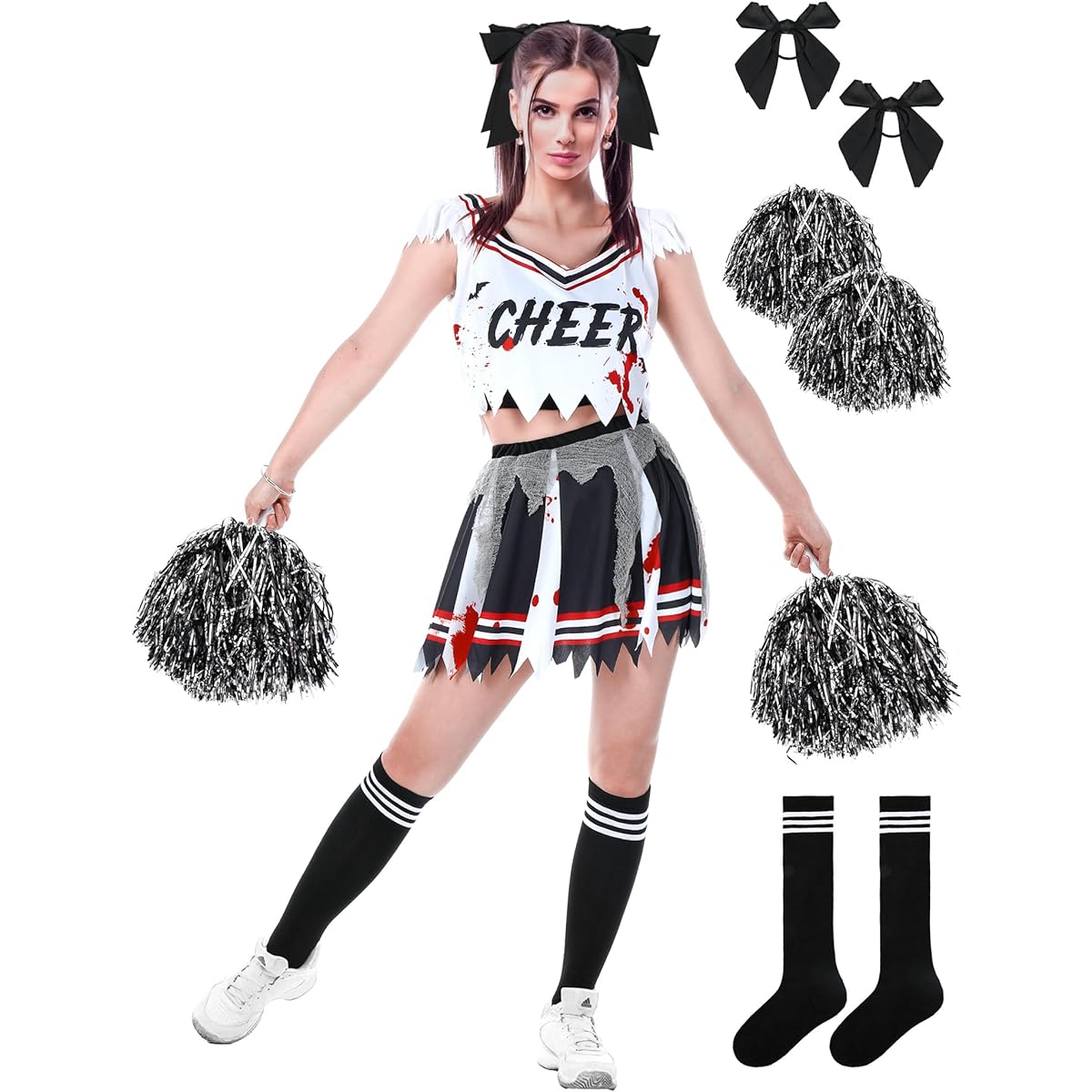 Xtinmee Halloween Zombie Cheerleader Costume for Girls Scary Cheerless Bloody Dress with Pom Poms Hair Rope Striped Socks
