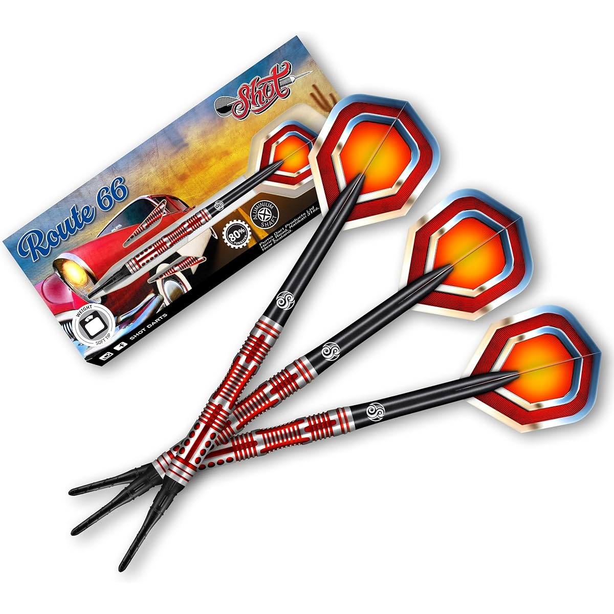 Shot! Americana Route 66 Soft Tip Darts Set 80% Tungsten Pro Throwing Darts Soft Tip Set Professional - Made in New Zealand - Designed Dart Flights for Women & Men - Plastic Tip Bar Darts for Adults