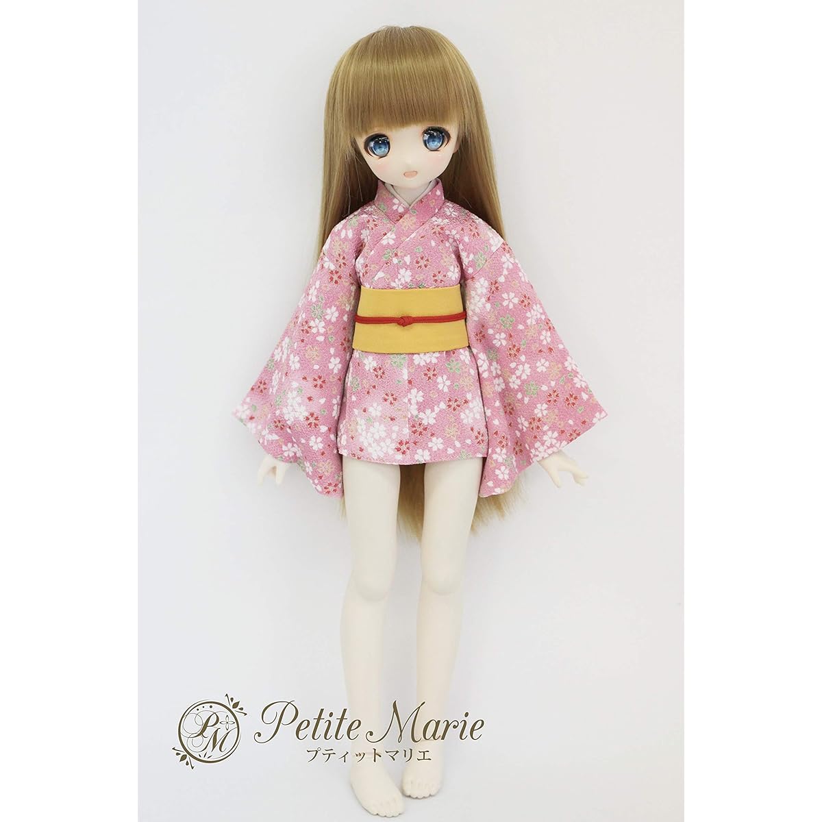 [Petite Marie] 1/3 MDD compatible Sakurafubuki Chirimen Mini length kimono Pink background Yellow obi 40cm Doll BJD Doll clothes [Petite Marie] [No.0083]