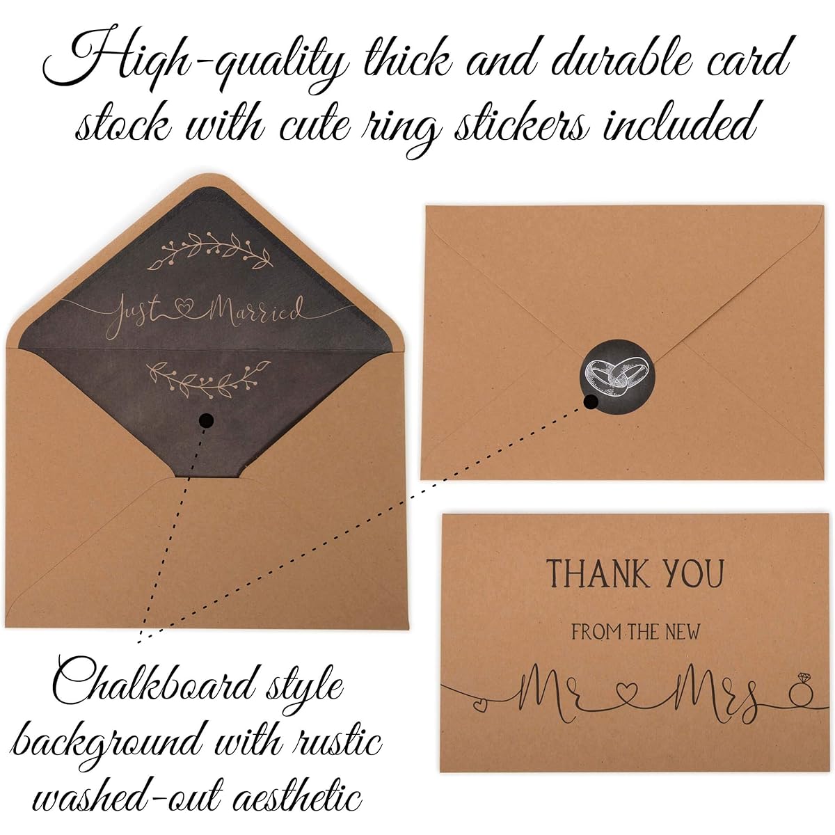 VNS Creations 100 Wedding Thank You Cards with Envelopes & Stickers | Mr and Mrs Thank You Notes | Rustic Blank 4" x 6" Thank You From the New Mr & Mrs
