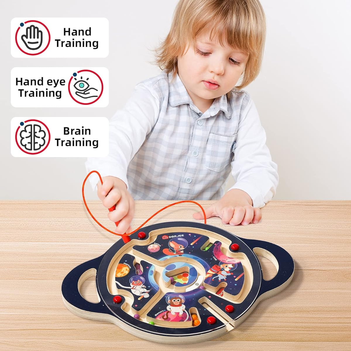 Dorjee Space Explorer Wooden Magnetic Stick Maze Game Perfect for Kids 3-5 Years Old Travel Game