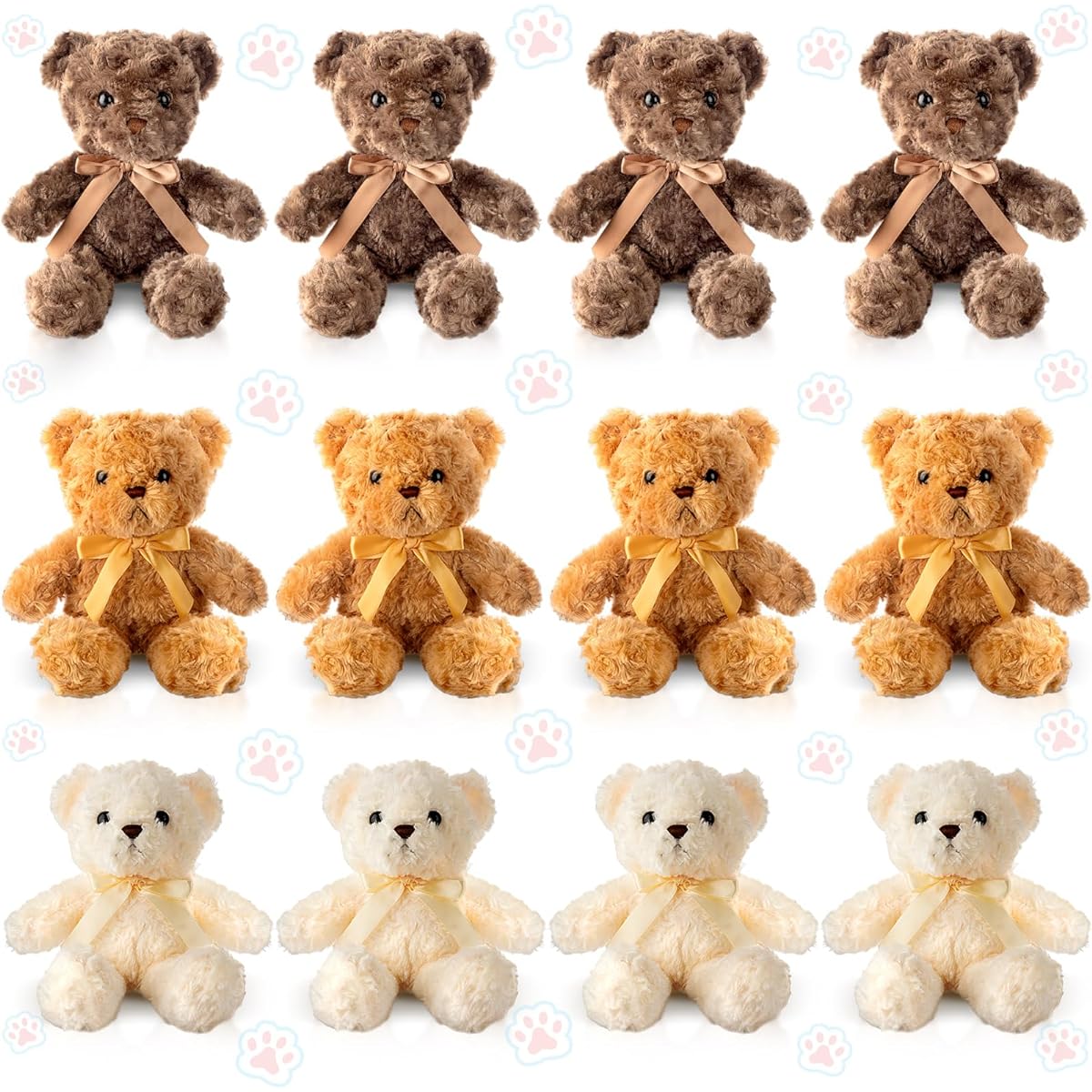 Jenaai 12 Pieces Stuffed Bears with Bows Soft Party Gifts Baby Shower Centerpieces Birthday Care Wedding Decorations Christmas 11.8'' (Brown, Dark Brown, Beige, Cute)