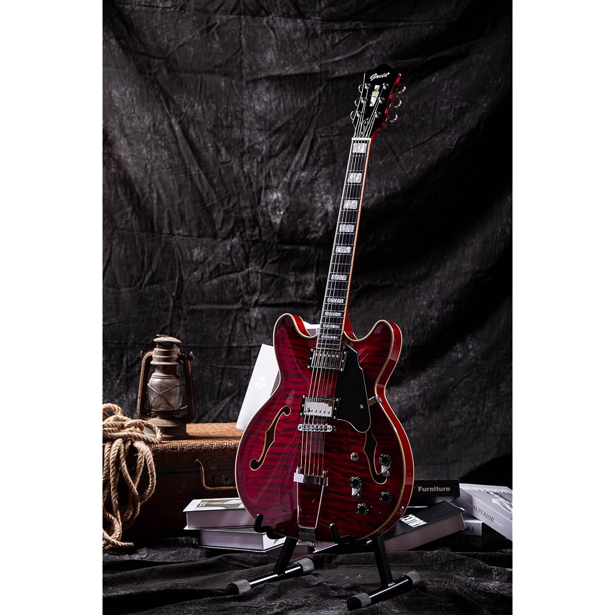 Grote Semi-Hollow Body Electric Guitar Thinline Arched Top Coil Splitting with Gig Bag GYS-35 (Red)