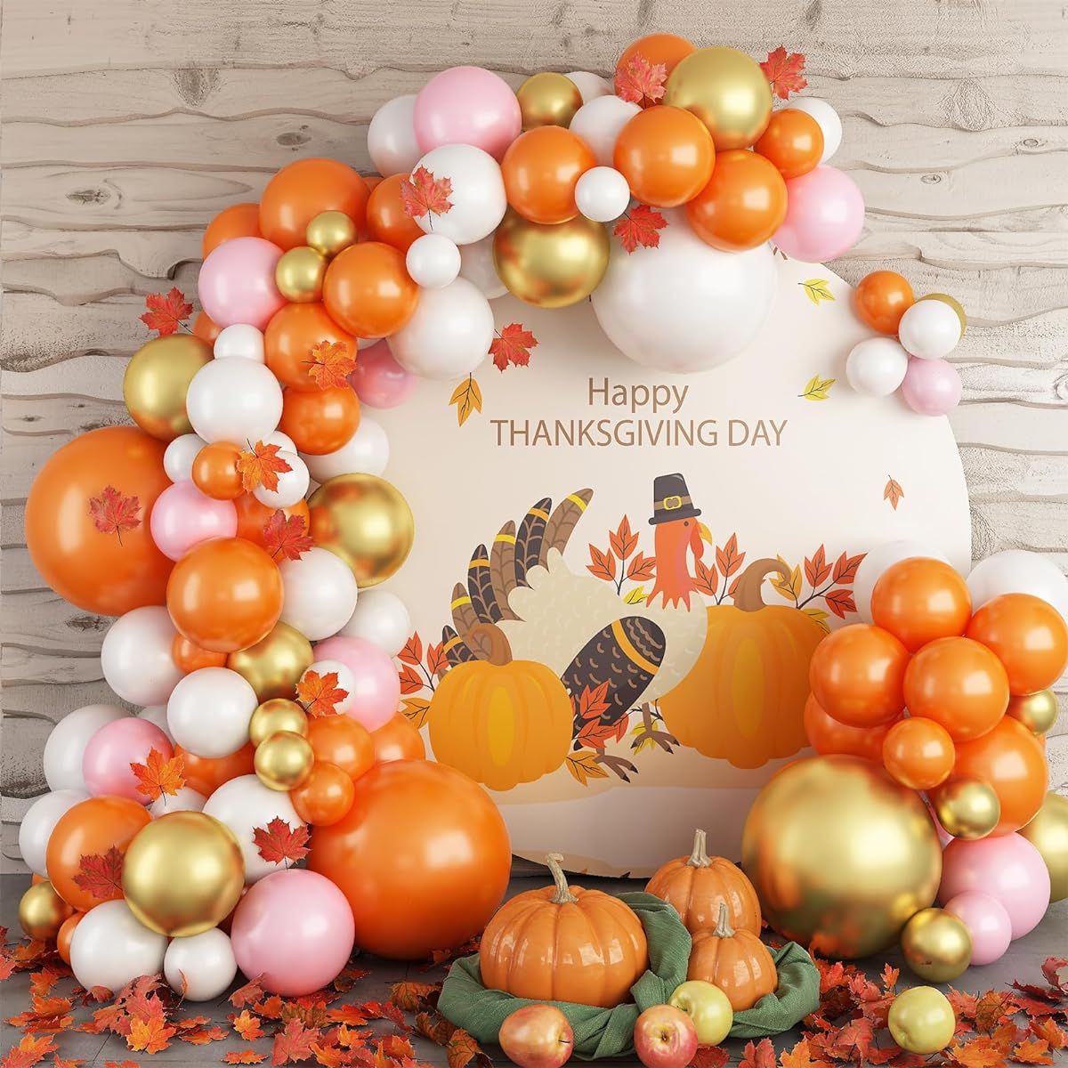 Fall Balloon Garland Arch Kit 113pcs Thanksgiving Balloon Garland Kit Orange White Gold Balloon Set with Macaron Pink Balloons and Maple Leaves Thanksgiving Holiday Party Decorations