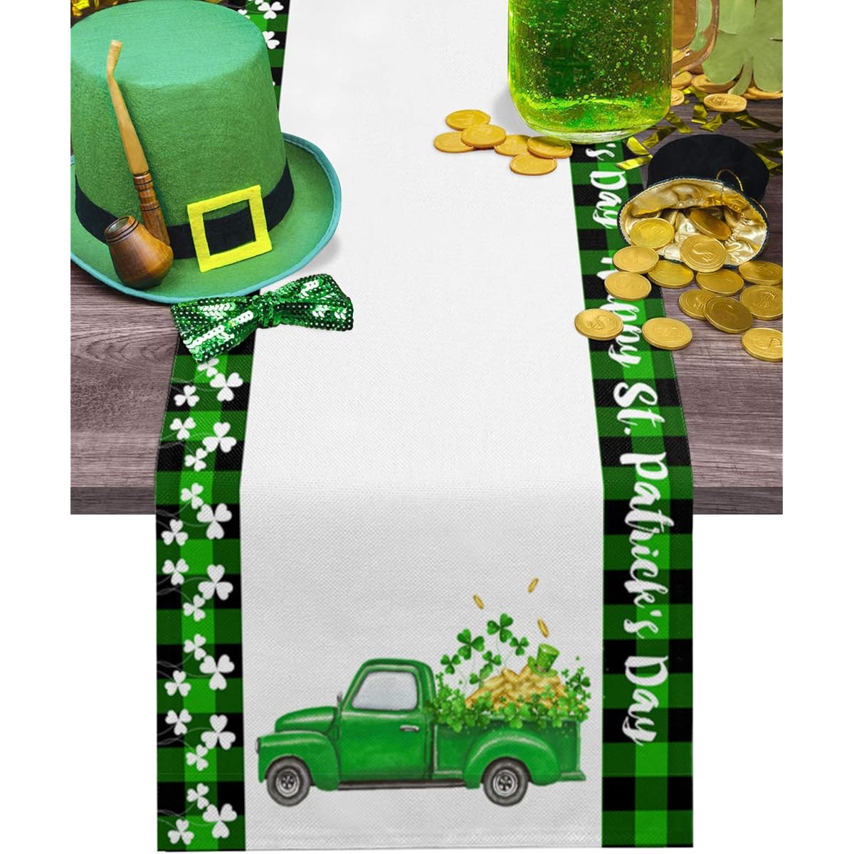 Saint Truck Gold Burlap Table Runner with Clovers 70 Inch, Happy St. Patrick's Day Bed Runner, Dresser Scarf, Tabletop for Indoor Outdoor Parties and Ceremonies, 13" x 70"